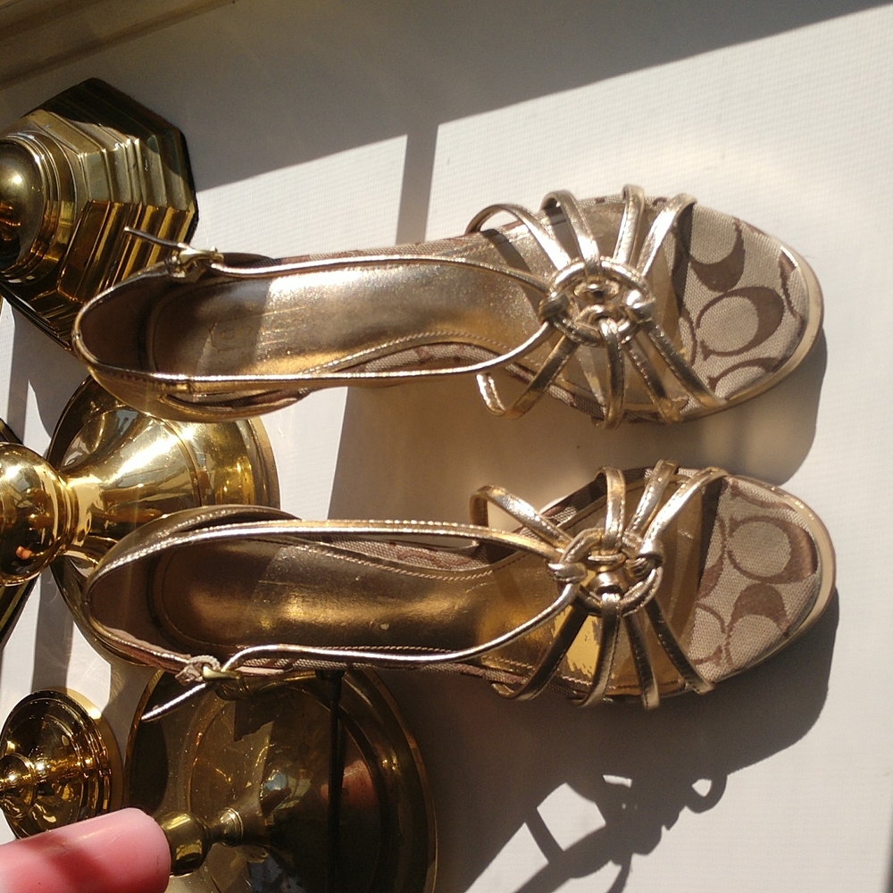 Coach Joslin strappy gold leather/cork/monogram wedge 8m